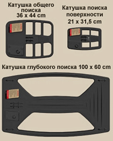 В комплекте с 3D металлодетектором идут несколько сменных поисковых катушек