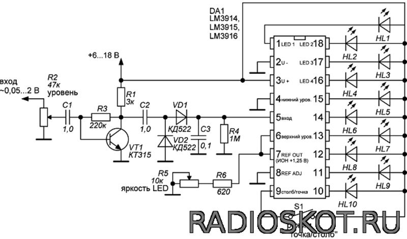 Схема LED индикатора звука