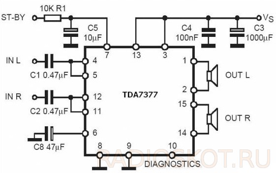 УСИЛИТЕЛЬ НА МИКРОСХЕМЕ TDA7377 - схема