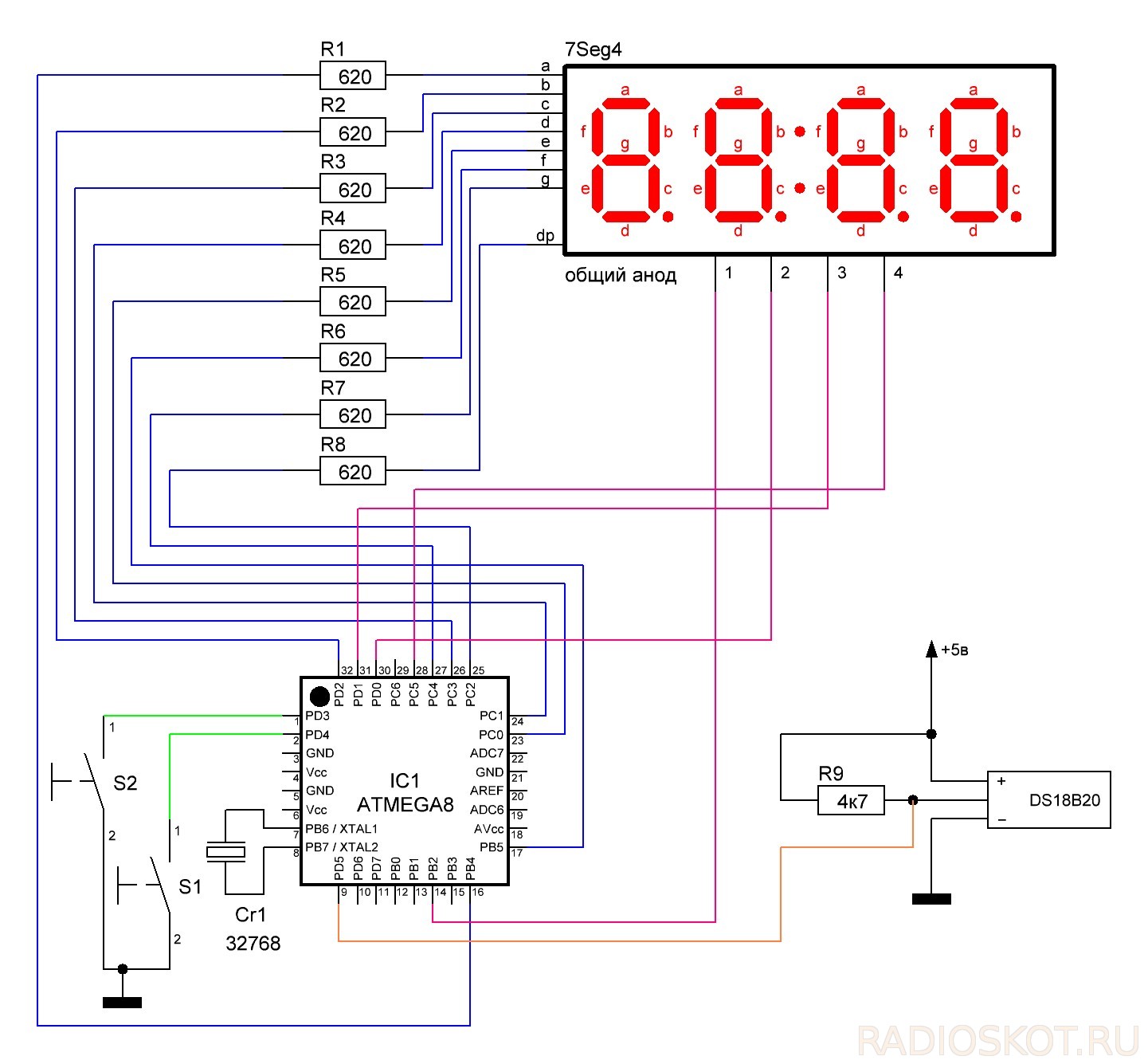  ЧАСЫ-ТЕРМОМЕТР НА МИКРОКОНТРОЛЛЕРЕ ATMEGA8 - СХЕМА